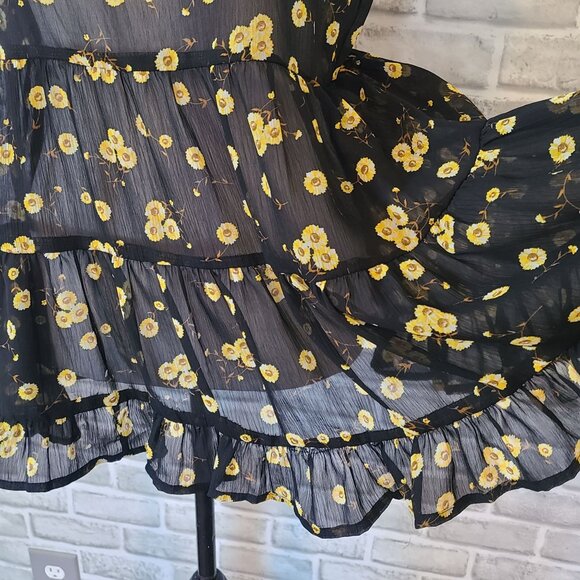 Wet Seal Black Chiffon Sunflower Print Ruffle Babydoll Tank Top Small Sheer - Picture 2 of 9